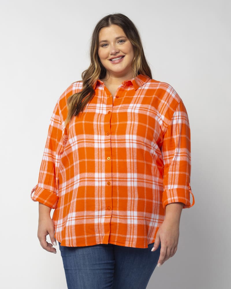 Front of a model wearing a size 3X Boyfriend Plaid in Orange by chicka-d. | dia_product_style_image_id:289377